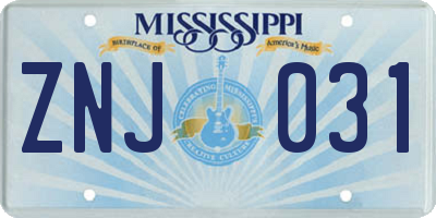 MS license plate ZNJ031