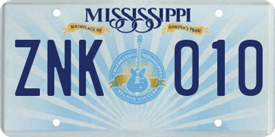 MS license plate ZNK010