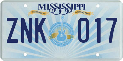 MS license plate ZNK017