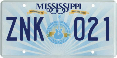 MS license plate ZNK021