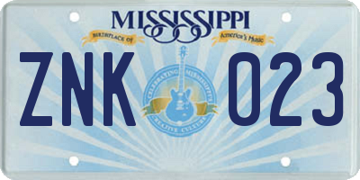 MS license plate ZNK023