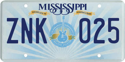 MS license plate ZNK025
