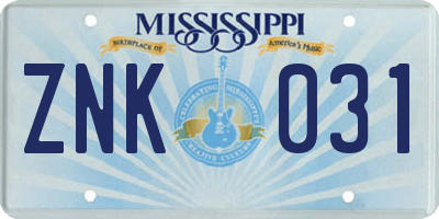 MS license plate ZNK031