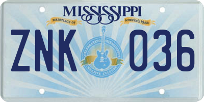 MS license plate ZNK036