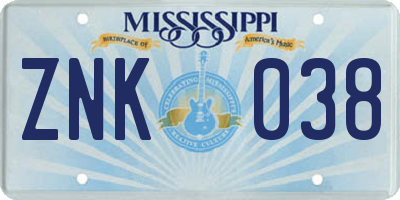 MS license plate ZNK038