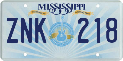 MS license plate ZNK218