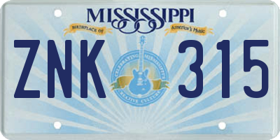 MS license plate ZNK315