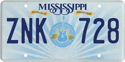 MS license plate ZNK728