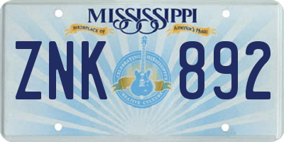 MS license plate ZNK892