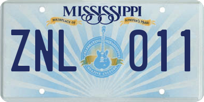 MS license plate ZNL011