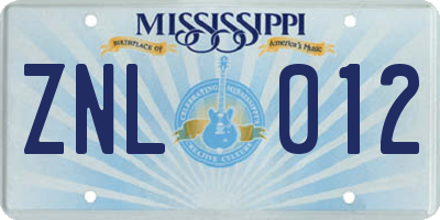 MS license plate ZNL012