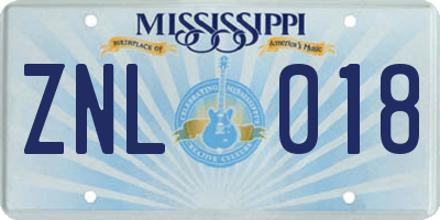 MS license plate ZNL018