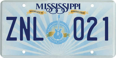 MS license plate ZNL021