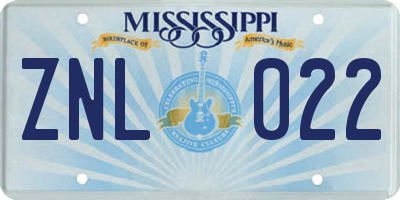 MS license plate ZNL022