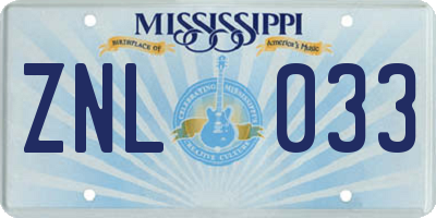 MS license plate ZNL033