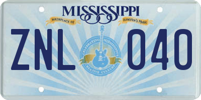 MS license plate ZNL040
