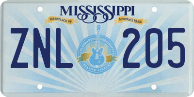 MS license plate ZNL205