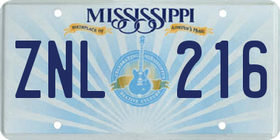 MS license plate ZNL216