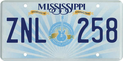 MS license plate ZNL258