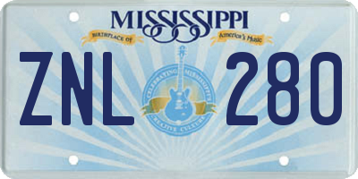 MS license plate ZNL280