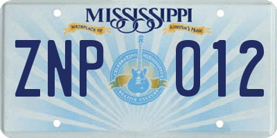 MS license plate ZNP012