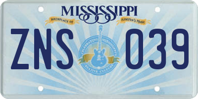 MS license plate ZNS039