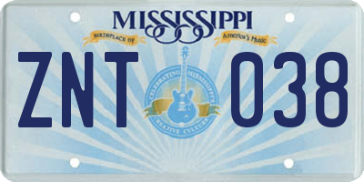 MS license plate ZNT038