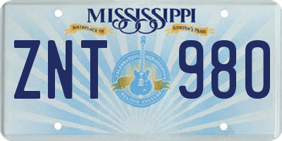 MS license plate ZNT980