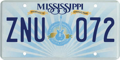 MS license plate ZNU072