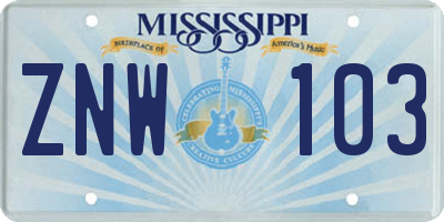 MS license plate ZNW103