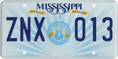 MS license plate ZNX013