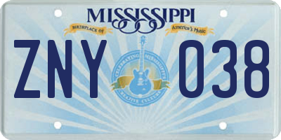 MS license plate ZNY038