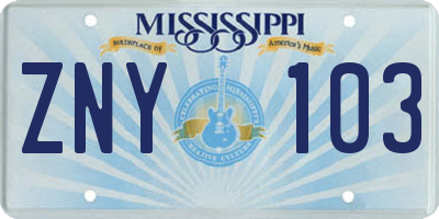 MS license plate ZNY103