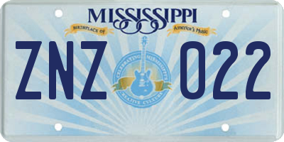 MS license plate ZNZ022