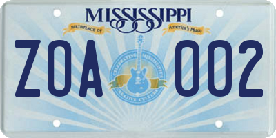 MS license plate ZOA002