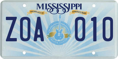 MS license plate ZOA010