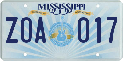 MS license plate ZOA017