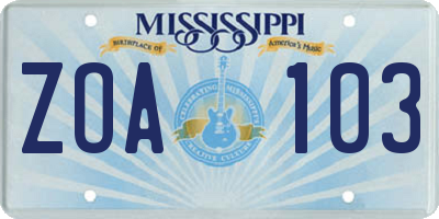 MS license plate ZOA103