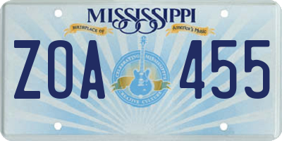 MS license plate ZOA455