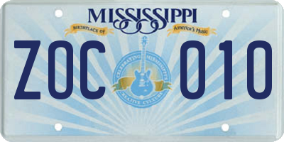 MS license plate ZOC010