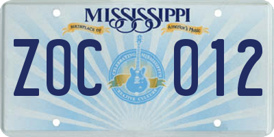 MS license plate ZOC012