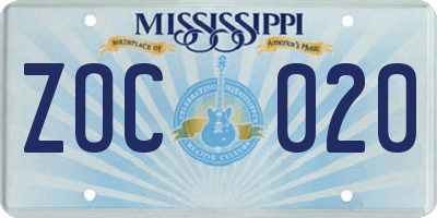 MS license plate ZOC020