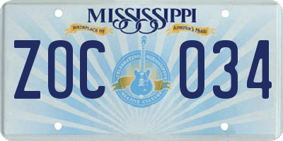 MS license plate ZOC034