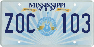 MS license plate ZOC103