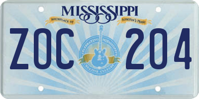 MS license plate ZOC204
