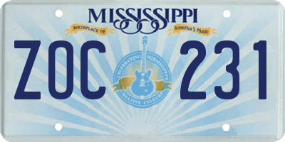 MS license plate ZOC231