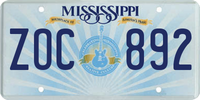 MS license plate ZOC892