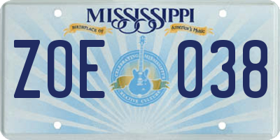 MS license plate ZOE038