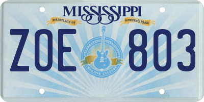 MS license plate ZOE803