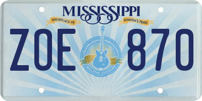 MS license plate ZOE870